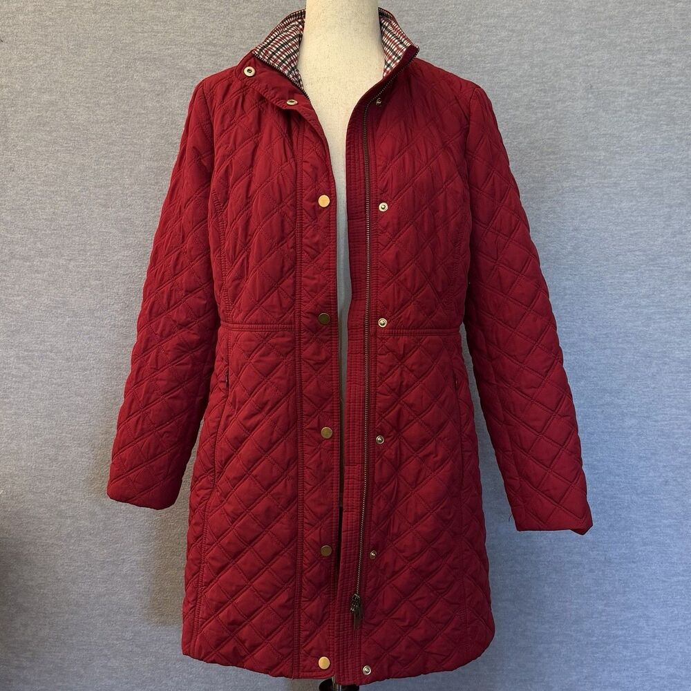 Talbots Diamond Quilted Jacket S Gingham Lined Barn Chore Preppy Coat Long Red